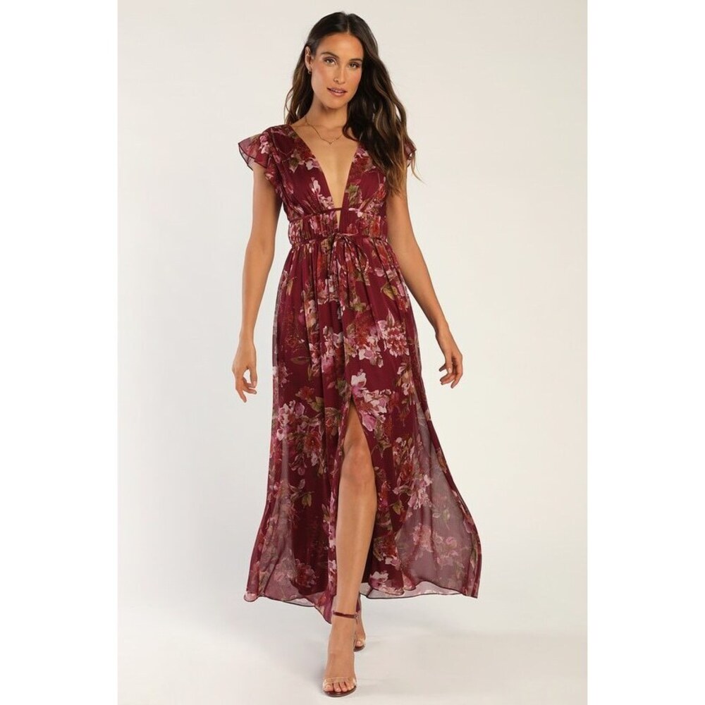 Lulus I'm All Yours Burgundy Floral Print Ruffled Maxi Dress Red - Size M